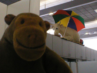 Mr Monkey in front of a relaxing sandcastle cow