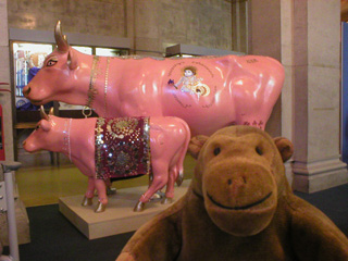 Mr Monkey looking at a pink cow and calf with Indian decorations