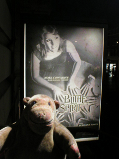 Mr Monkey looking at the poster outside the theatre