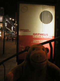 Mr Monkey looking at the Orpheus Descending poster outside the theatre