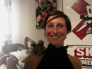 Mr Monkey sitting on Pollyanna Clayton-Stamm's shoulder