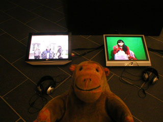 Mr Monkey looking at a row of video screens