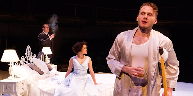 Gooper (Matthew Douglas) smokes, Maggie (Marian Gale) thinks, and Brick (Charles Aitken) drinks(Royal Exchange Theatre production photo)