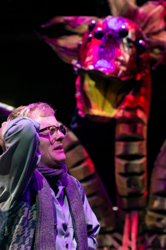 Seymour (Gunnar Cauthery) realises Audrey II is not a nice plant at all (Royal Exchange Production photo)