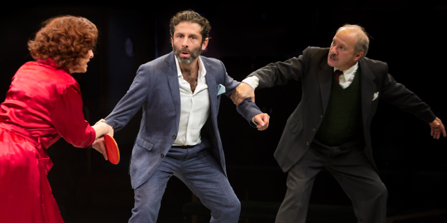 Tracy-Ann Oberman as Sadie Walzer, Elliot Levey as Oliver Walzer and Jonathan Tafler as Joel Walzer (Royal Exchange Production photo by Jonathon Keenan)