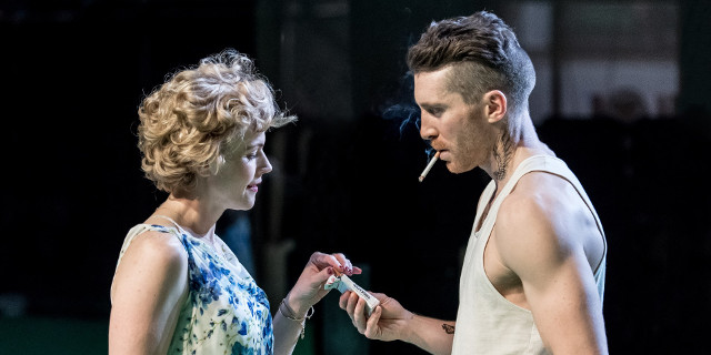 Maxine Peake as Blanche DuBois and Ben Batt as Stanley Kowalski (Royal Exchange Production photo by Manuel Harlan)