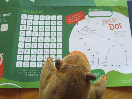 Mr Monkey looking at games on the back of the Frog-tastic Guide