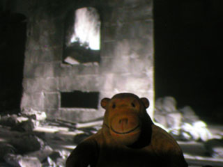 Mr Monkey watching a video loop : documents burning in a furnace