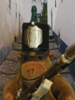 Mr Monkey charging down a Spanish alley in his stovepipe shako