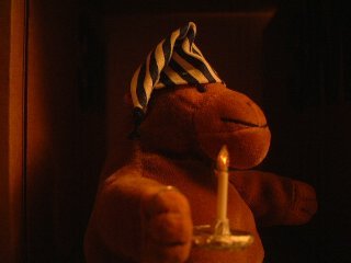 Mr Monkey in his nightcap by candlelight