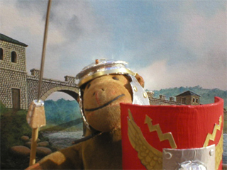 Mr Monkey in his uncrested Roman helmet, ready to throw his pilum