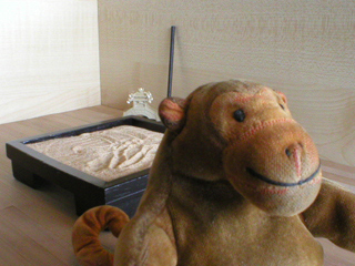 Mr Monkey scampering away from his Zen garden