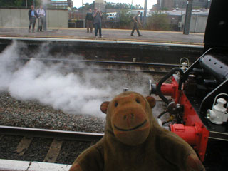 Mr Monkey watching steam being released before the train leaves