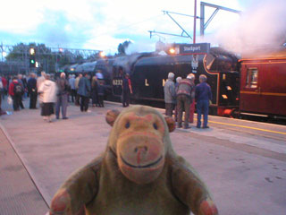 Mr Monkey watching enthusiasts gathered around the Duchess of Sutherland at Stockport