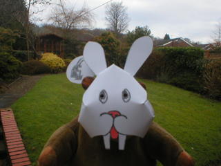 Mr Monkey outside with the finished mask