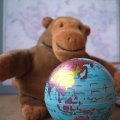Mr Monkey studying a globe