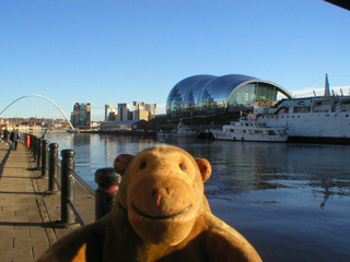 Mr Monkey looking across the Tyne at the Sage Gateshead