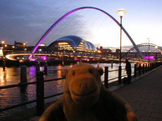 Mr Monkey looking at the Millennium Bridge at dusk