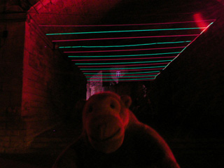 Mr Monkey looking at lines of light under the railway arches