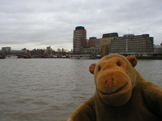 Mr Monkey looking at the floating fire station across the river