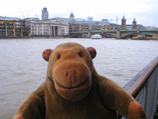 Mr Monkey looking back at Blackfriars Bridge
