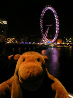 Mr Monkey looking the London Eye from the Hungerford footbridge
