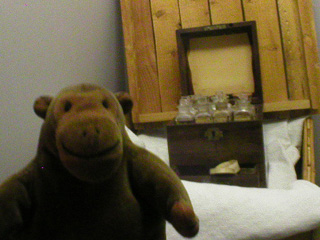 Mr Monkey looking at Florence Nightingale's chest of medicine bottles