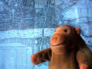 Mr Monkey in front of Richard Newcourt's 1658 map of London