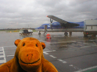 Mr Monkey looking at his plane being prepared