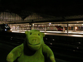 Mr Monkey looking across Piccadilly station from platform 13