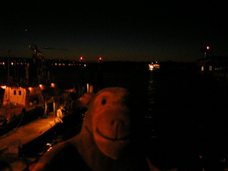 Mr Monkey watching a Washington State Ferry approaching Seattle