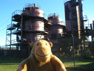 Mr Monkey looking at the disused cracking towers in Gasworks Park