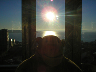 Mr Monkey looking at Elliot Bay from the Space Needle lift