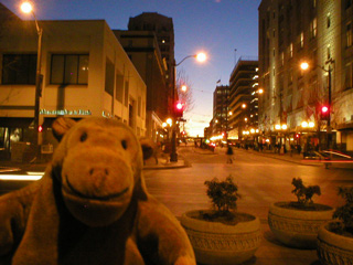 Mr Monkey looking up Pike Street from Westlake Park at dusk