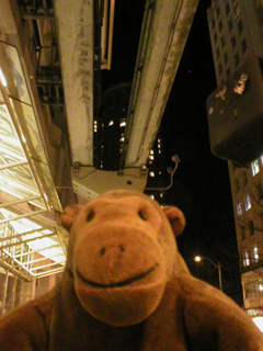 Mr Monkey underneath the monorail at the Westlake Center