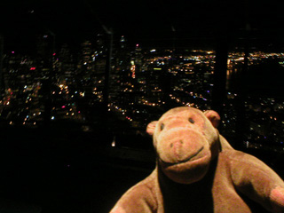 Mr Monkey looking at downtown Seattle from inside the observation deck at night