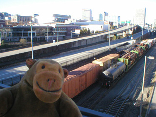 Mr Monkey looking down on trains beneath the Bridge of Glass