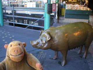 Mr Monkey talking to Rachel the Pike Street Pig