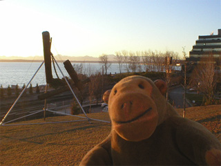 Mr Monkey looking at Mark di Suvero's Bunyon's Chess