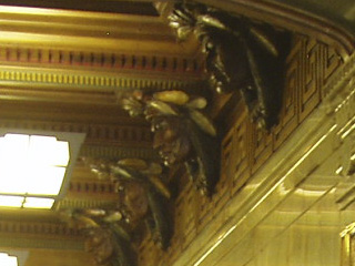 Carved Indian heads in the lobby of Smith Tower