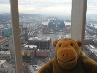 Mr Monkey looking down on the Qwest and Safeco stadiums