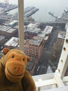 Mr Monkey looking down at Yesler Way