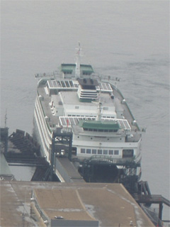 A Washington State ferry docked at the ferry terminal