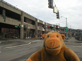 Mr Monkey looking at the Alaskan Way Viaduct