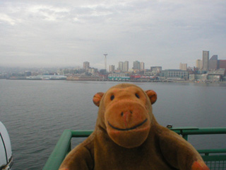 Mr Monkey looking at the Space Needle from the ferry