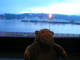 Mr Monkey looking at Washington State Ferry maintenance facility