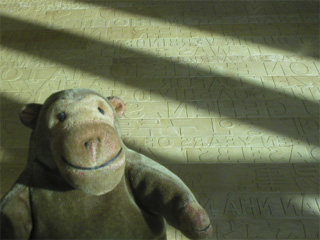 Mr Monkey looking at the raised letters on the maple floor
