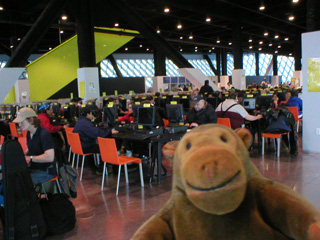 Mr Monkey watching people use computers in the Charles Simonyi Mixing Chamber