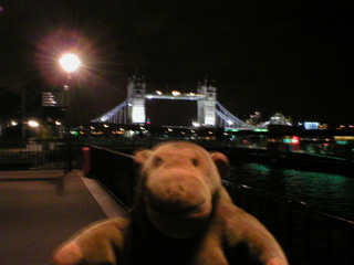 Mr Monkey looking towards Tower Bridge at night