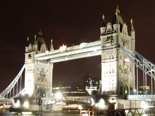 Tower Bridge at night from outside the Tower hotel